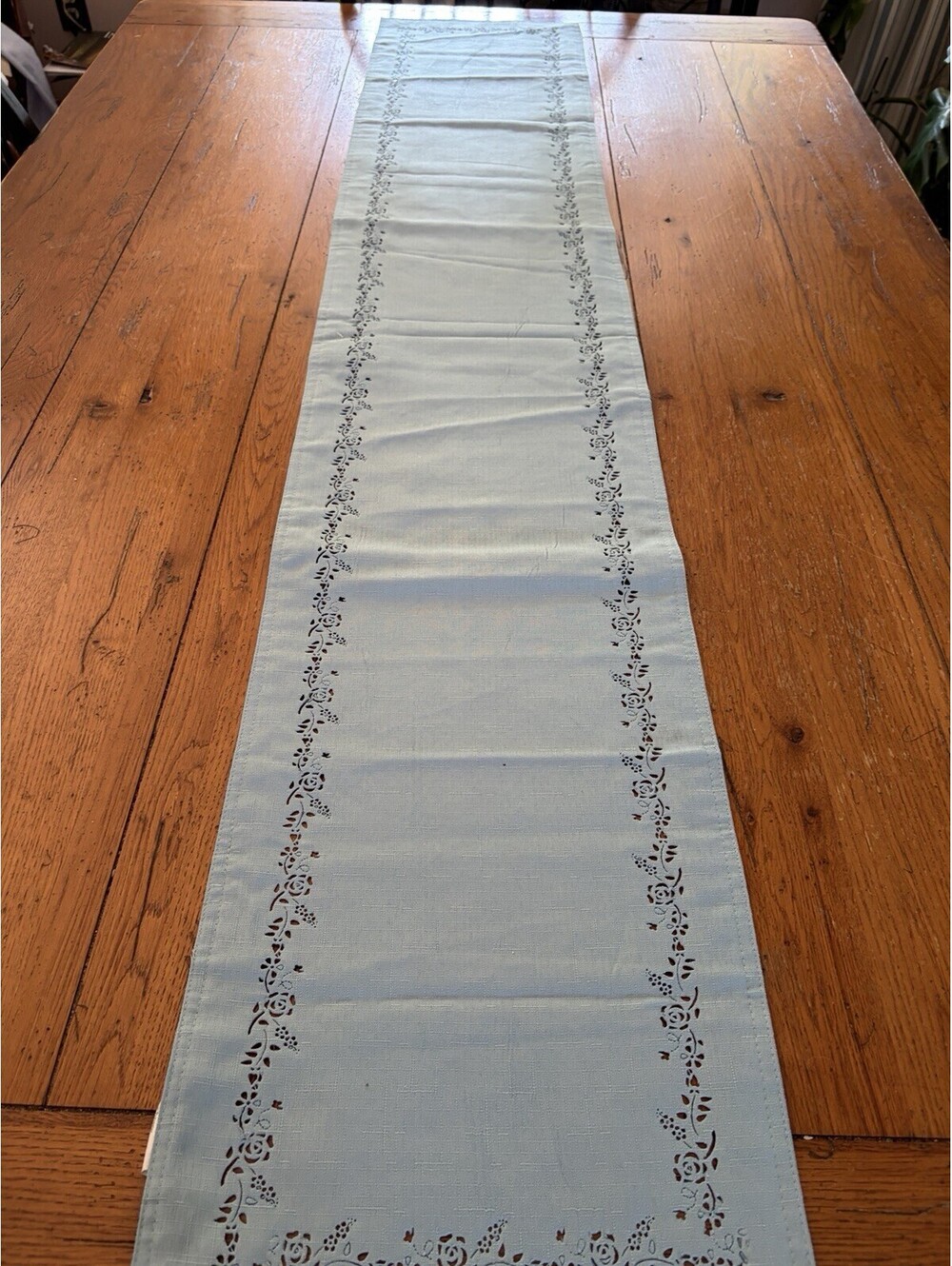 Vintage Style Table Runner Solid Blue Green With Cutwork Floral Border  12x68”